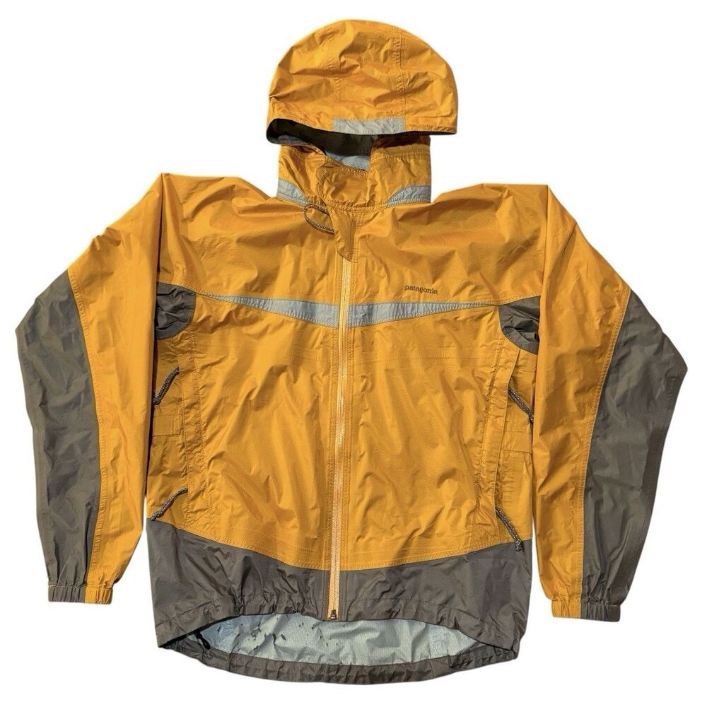 Patagonia Vintage Hooded Rain Jacket Small Yellow Gray Waterproof Shell Size S